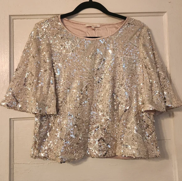 Skies Are Blue Top, Silver Sequined Cropped, Sz Small EUC Party, Cocktail, Club - Picture 3 of 14